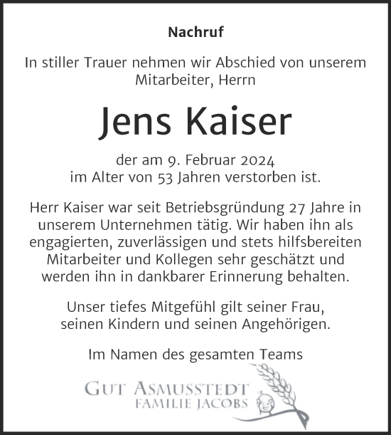 Traueranzeige von Jens Kaiser von Mitteldeutsche Zeitung Quedlingburg