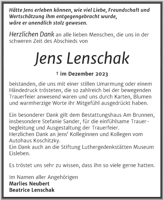 Traueranzeige von Jens Lenschak von Trauerkombi Mansfelder Land