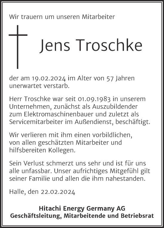 Traueranzeige von Jens Troschke von Mitteldeutsche Zeitung Halle/Saalkreis