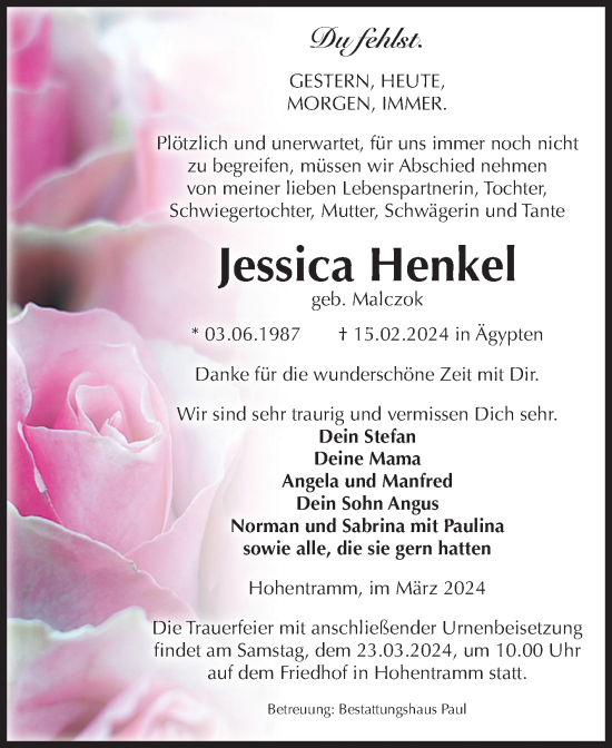 Traueranzeige von Jessica Henkel von Volksstimme Altmark West