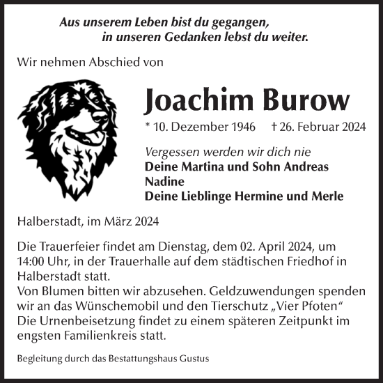 Traueranzeige von Joachim Burow von Volksstimme Halberstadt