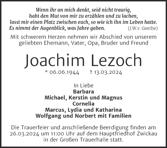 Traueranzeige von Joachim Lezoch von Trauerkombi Weißenfels