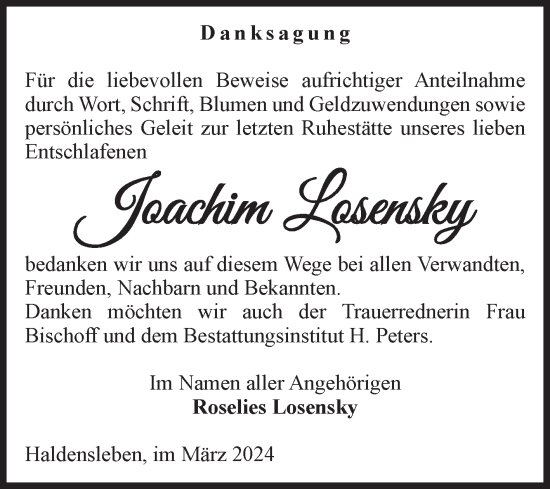 Traueranzeige von Joachim Losensky von Volksstimme Haldensleben/Wolmirstedt