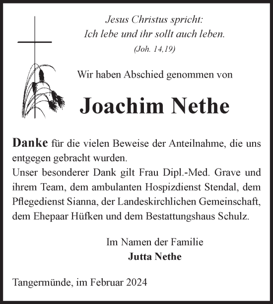 Traueranzeige von Joachim Nethe von Volksstimme Altmark Ost