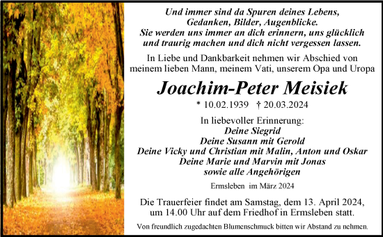 Traueranzeige von Joachim-Peter Meisiek von Trauerkombi Quedlinburg