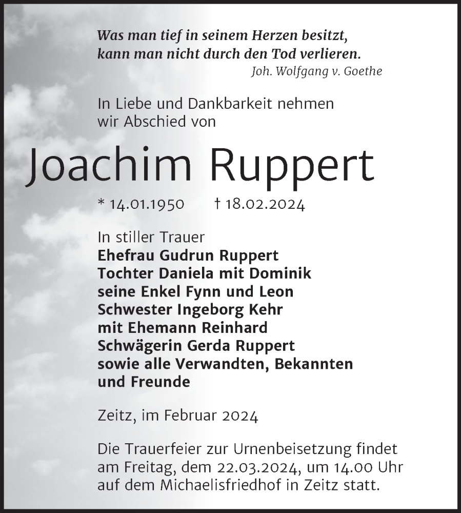  Traueranzeige für Joachim Ruppert vom 02.03.2024 aus Trauerkombi Zeitz