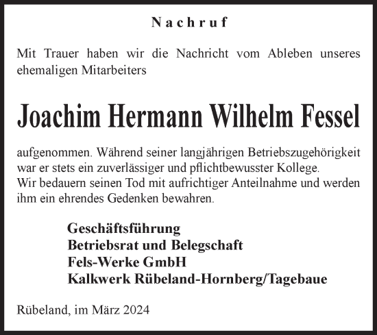 Traueranzeige von Joachim Hermann Wilhelm Fessel von Volksstimme Wernigerode