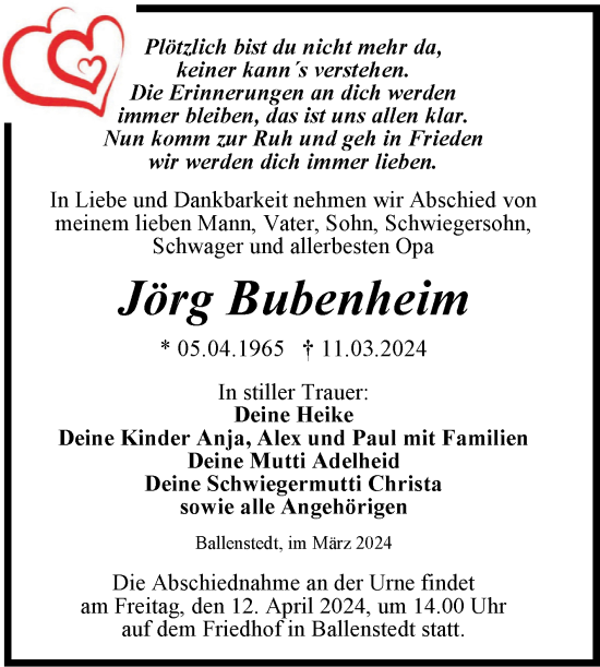 Traueranzeige von Jörg Bubenheim von Trauerkombi Quedlinburg