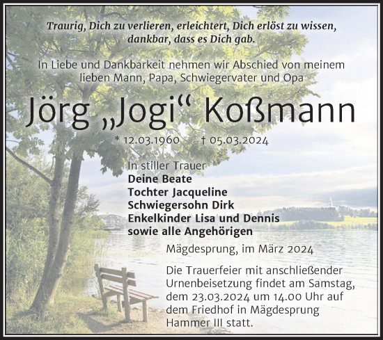 Traueranzeige von Jörg Koßmann von Super Sonntag Quedlingburg