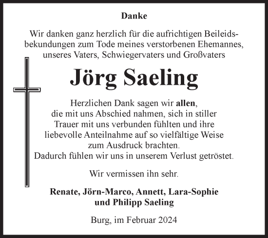 Traueranzeige von Jörg Saeling von Volksstimme Burg/Genthin