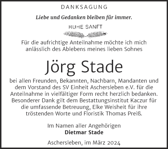 Traueranzeige von Jörg Stade von Trauerkombi Aschersleben