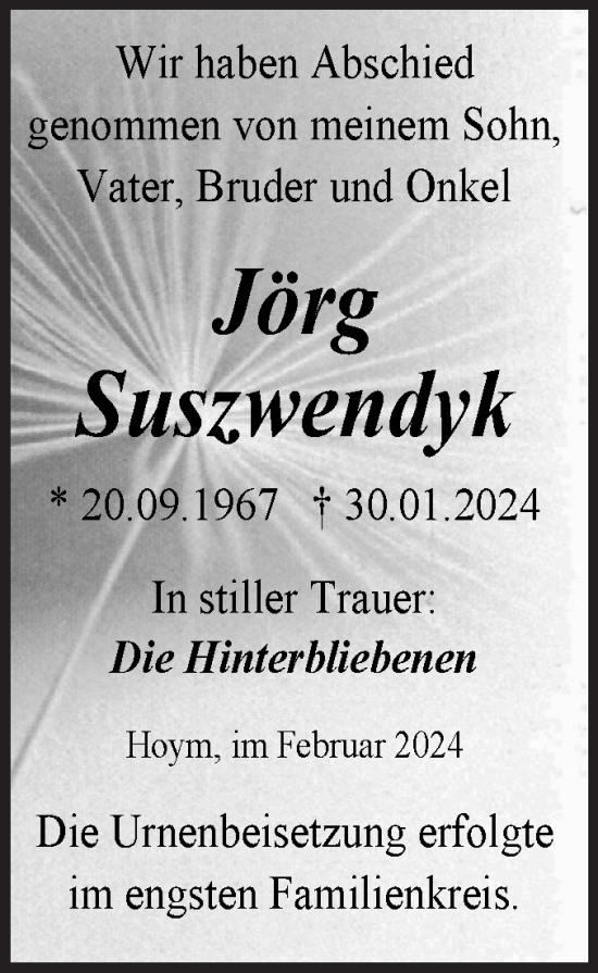 Traueranzeige von Jörg Suszwendyk von Trauerkombi Aschersleben