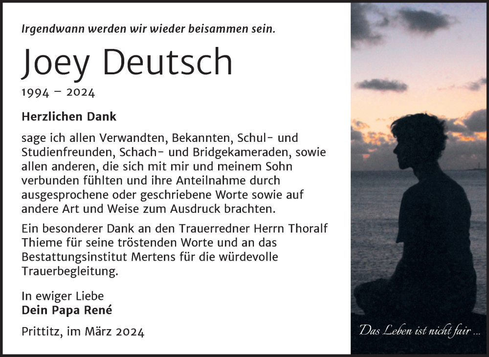  Traueranzeige für Joey Deutsch vom 16.03.2024 aus Trauerkombi Weißenfels