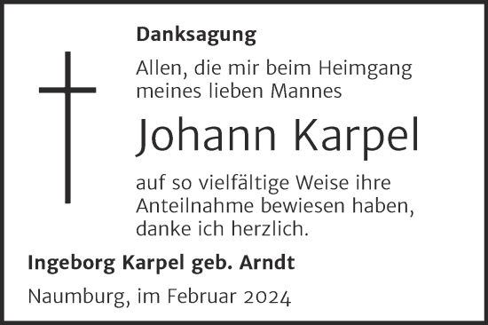 Traueranzeige von Johann Karpel von Naumburger Tageblatt