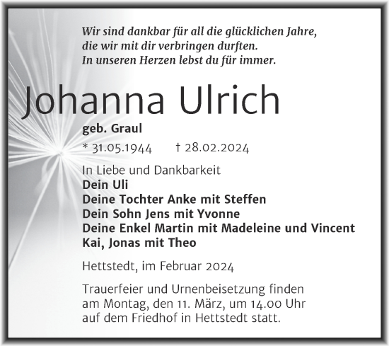 Traueranzeige von Johanna Ulrich von Trauerkombi Mansfelder Land