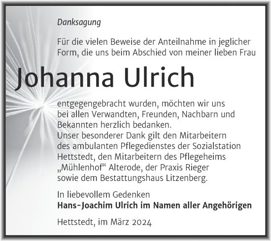 Traueranzeige von Johanna Ulrich von Trauerkombi Mansfelder Land