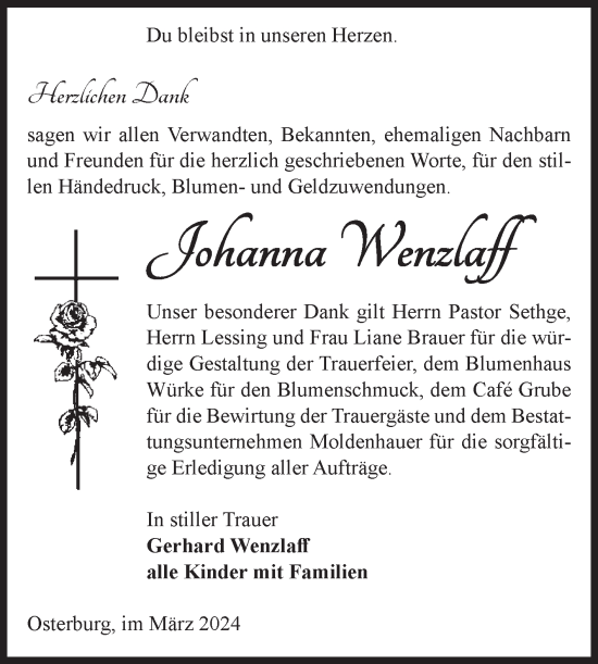 Traueranzeige von Johanna Wenzlaff von Volksstimme Altmark Ost