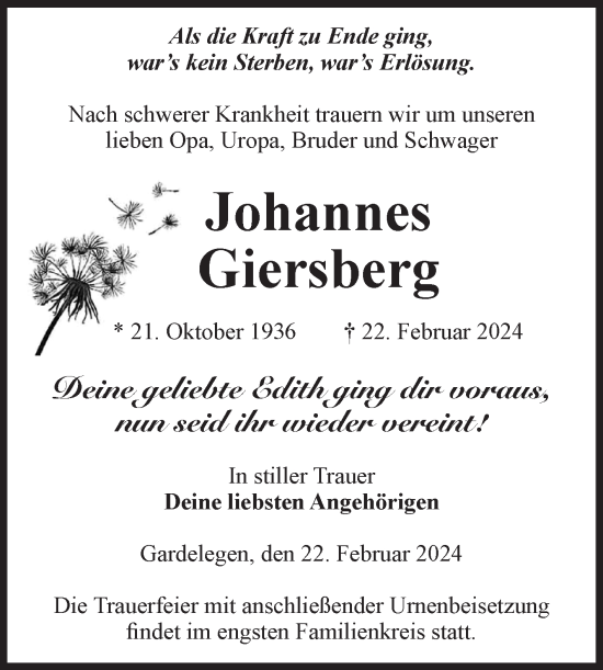 Traueranzeige von Johannes Giersberg von Volksstimme Altmark West