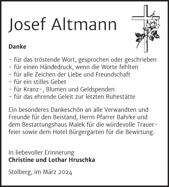 Traueranzeige von Josef Altmann von Trauerkombi Sangerhausen