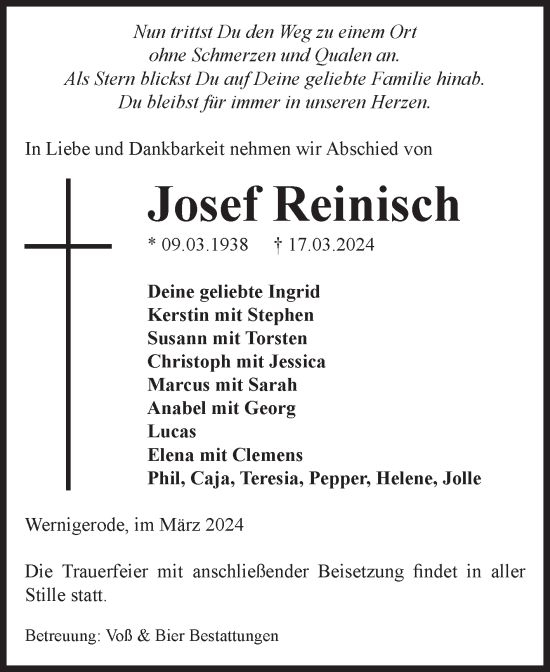Traueranzeige von Josef Reinisch von Volksstimme Wernigerode