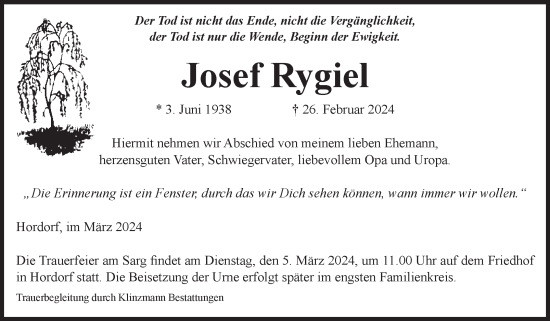 Traueranzeige von Josef Rygiel von Volksstimme Oschersleben/Wanzleben