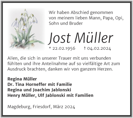Traueranzeige von Jost Müller von Trauerkombi Mansfelder Land