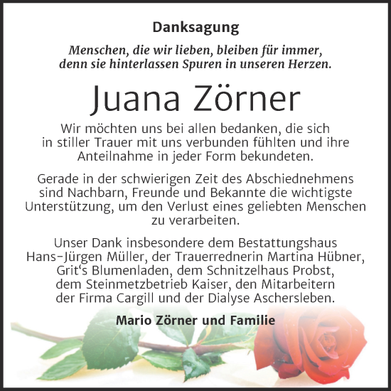 Traueranzeige von Juana Zörner von Trauerkombi Aschersleben