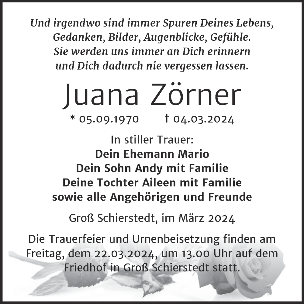 Traueranzeige für Juana Zörner vom 09.03.2024 aus Trauerkombi Aschersleben