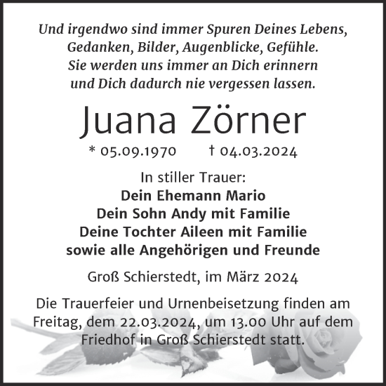 Traueranzeige von Juana Zörner von Trauerkombi Aschersleben