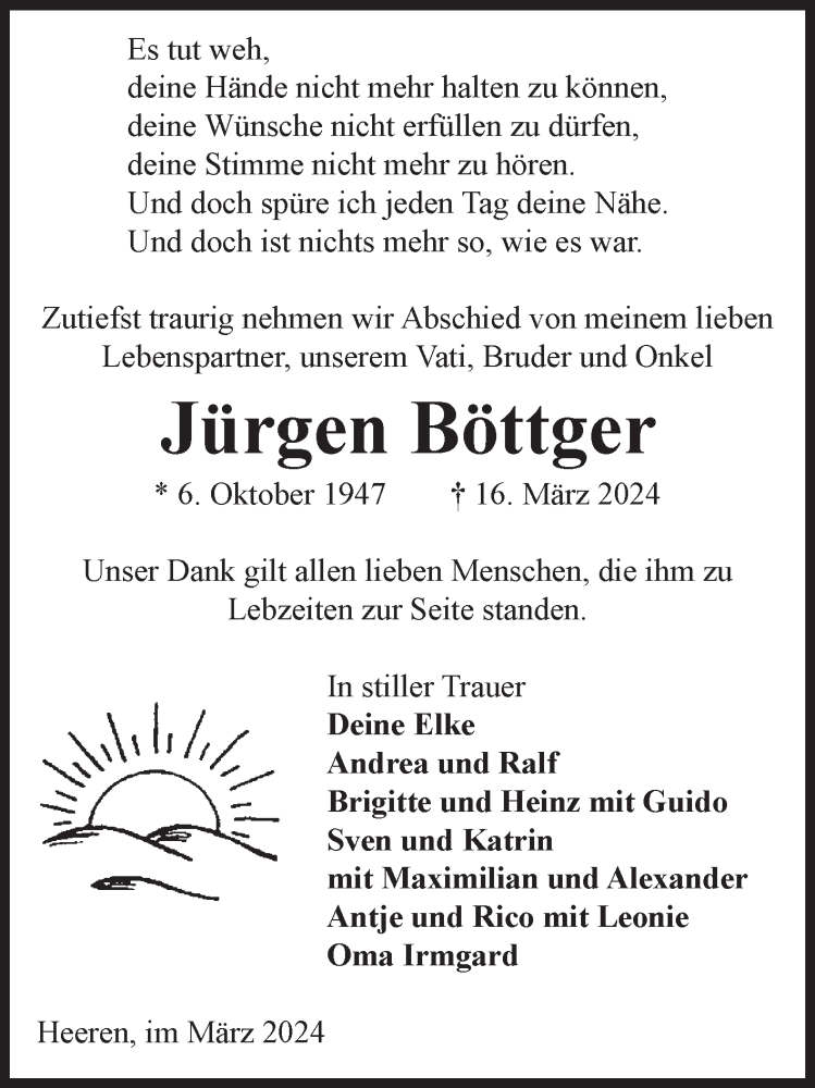  Traueranzeige für Jürgen Böttger vom 30.03.2024 aus Volksstimme Altmark Ost