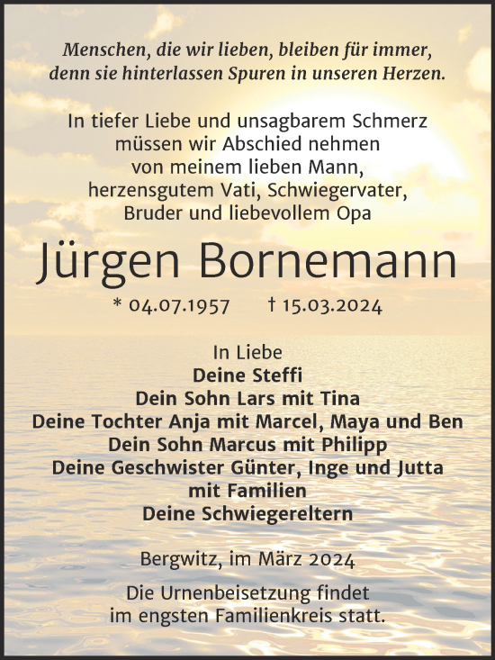 Traueranzeige von Jürgen Bornemann von Trauerkombi Wittenberg