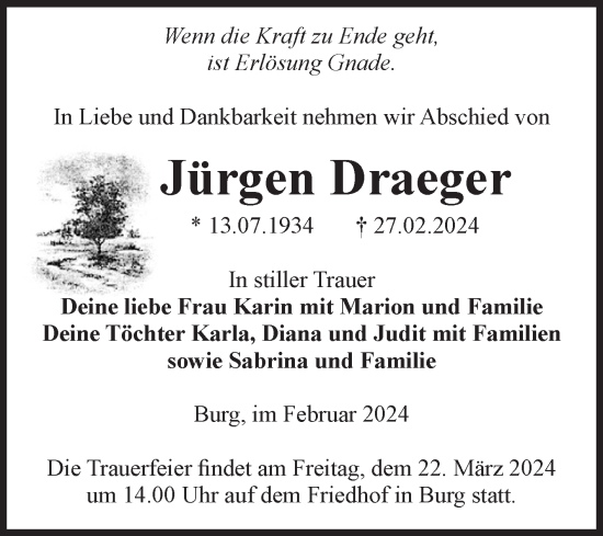 Traueranzeige von Jürgen Draeger von Volksstimme Burg/Genthin