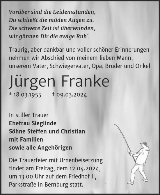 Traueranzeige von Jürgen Franke von Trauerkombi Bernburg