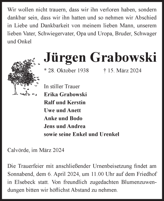 Traueranzeige von Jürgen Grabowski von Volksstimme Haldensleben/Wolmirstedt