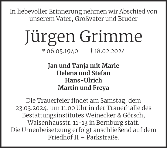 Traueranzeige von Jürgen Grimme von Trauerkombi Bernburg