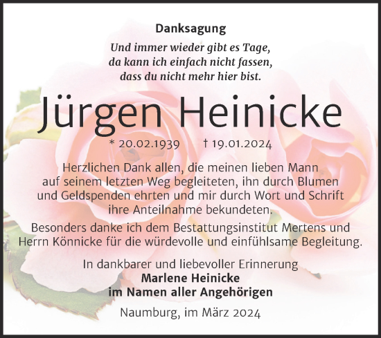 Traueranzeige von Jürgen Heinicke von Super Sonntag Naumburg/Nebra