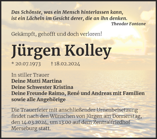 Traueranzeige von Jürgen Kolley von Trauerkombi Merseburg