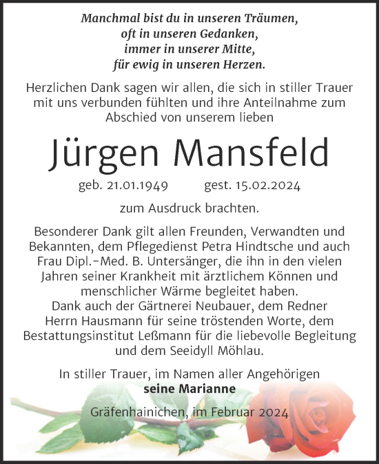Traueranzeige von Jürgen Mansfeld von Trauerkombi Wittenberg