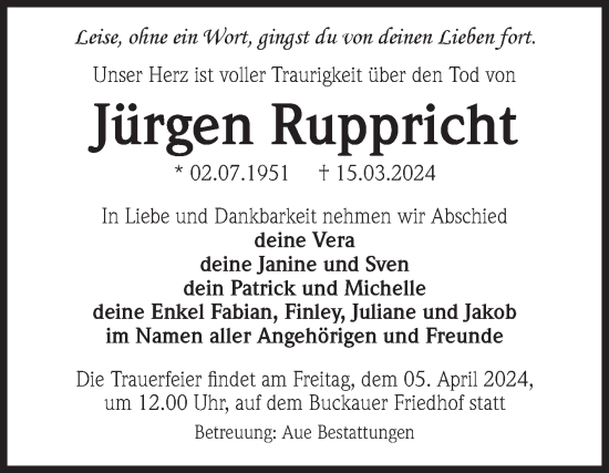 Traueranzeige von Jürgen Ruppricht von Volksstimme Oschersleben/Wanzleben