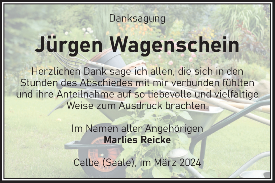 Traueranzeige von Jürgen Wagenschein von Volksstimme Schönebeck