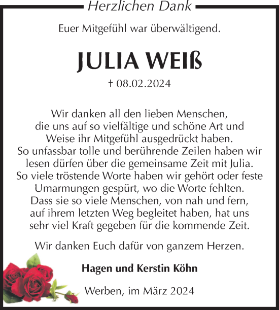Traueranzeige von Julia Weiß von Volksstimme Altmark Ost
