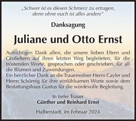 Traueranzeige von Juliane und Otto Ernst von Volksstimme Halberstadt