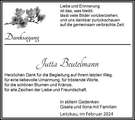 Traueranzeige von Jutta Beutelmann von Volksstimme Zerbst