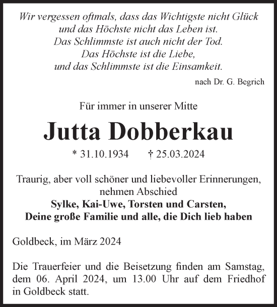 Traueranzeige von Jutta Dobberkau von Volksstimme Altmark Ost