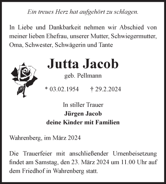 Traueranzeige von Jutta Jacob von Volksstimme Altmark Ost