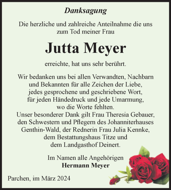 Traueranzeige von Jutta Meyer von Volksstimme Burg/Genthin