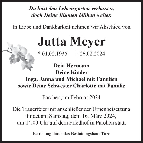 Traueranzeige von Jutta Meyer von Volksstimme Burg/Genthin