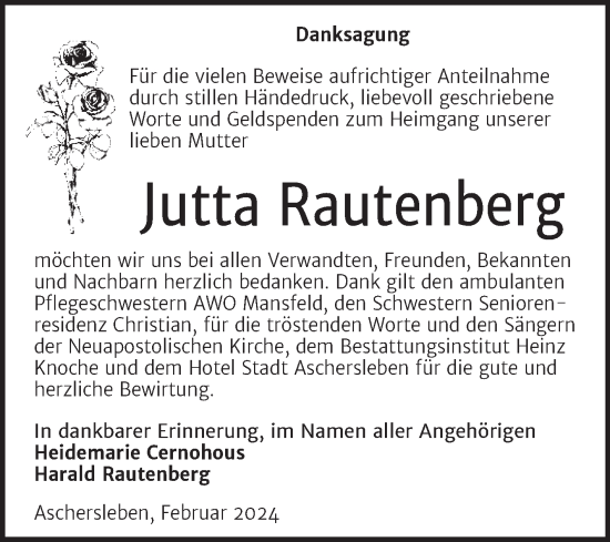 Traueranzeige von Jutta Rautenberg von Trauerkombi Aschersleben