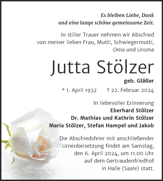 Traueranzeige von Jutta Stölzer von Mitteldeutsche Zeitung Halle/Saalkreis