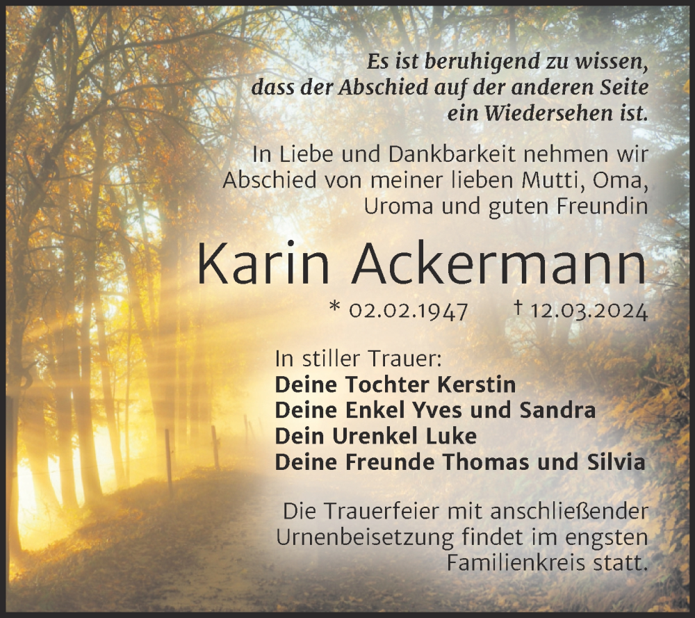  Traueranzeige für Karin Ackermann vom 23.03.2024 aus Trauerkombi Dessau